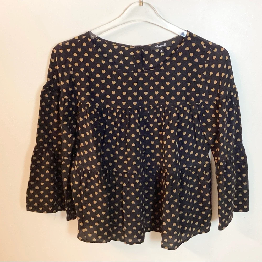 Madewell Silk Tiered Button Back Heart Print Top - Black - S - Picture 1 of 8